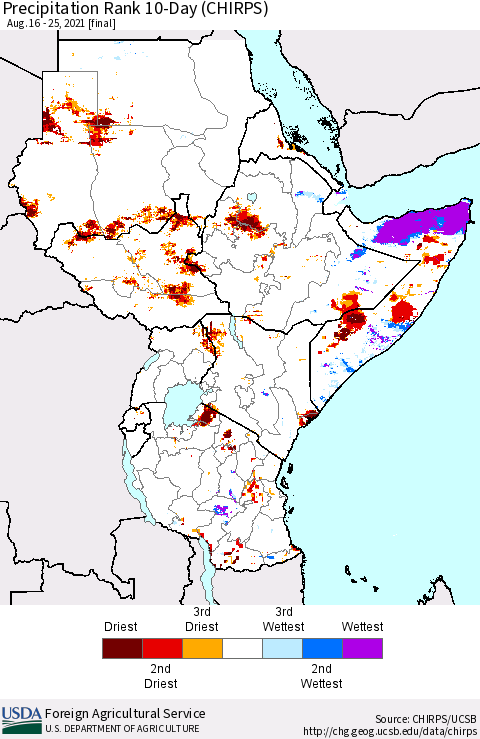 Eastern Africa Precipitation Rank 10-Day (CHIRPS) Thematic Map For 8/16/2021 - 8/25/2021