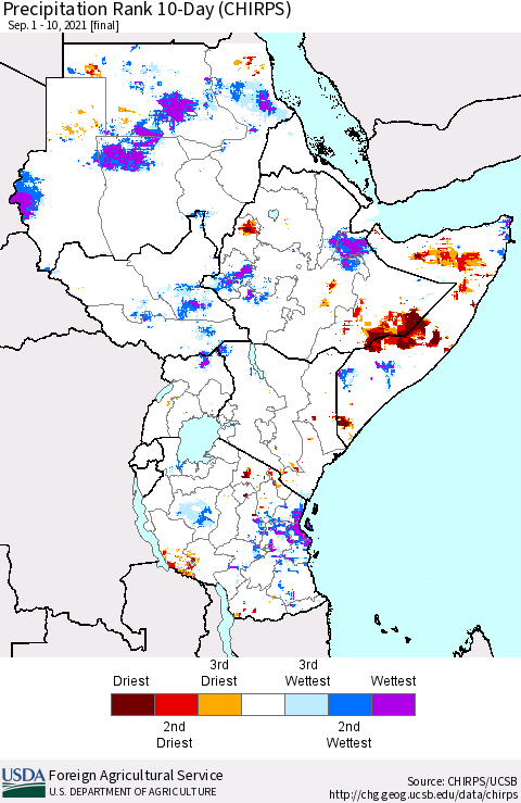 Eastern Africa Precipitation Rank 10-Day (CHIRPS) Thematic Map For 9/1/2021 - 9/10/2021
