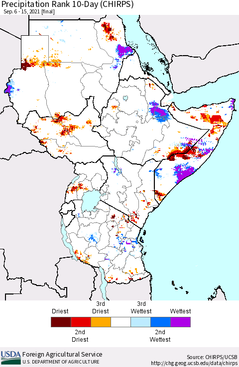 Eastern Africa Precipitation Rank since 1981, 10-Day (CHIRPS) Thematic Map For 9/6/2021 - 9/15/2021