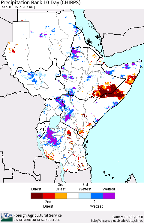 Eastern Africa Precipitation Rank 10-Day (CHIRPS) Thematic Map For 9/16/2021 - 9/25/2021
