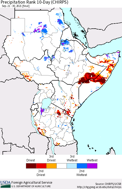 Eastern Africa Precipitation Rank 10-Day (CHIRPS) Thematic Map For 9/21/2021 - 9/30/2021