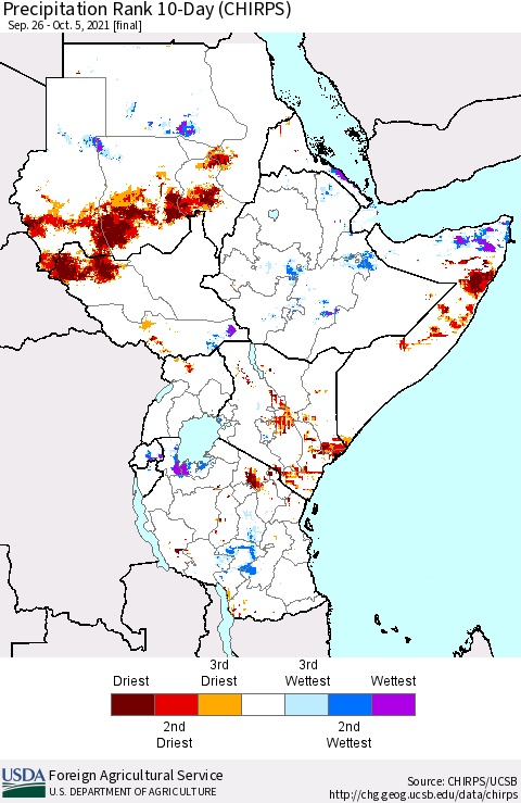 Eastern Africa Precipitation Rank 10-Day (CHIRPS) Thematic Map For 9/26/2021 - 10/5/2021