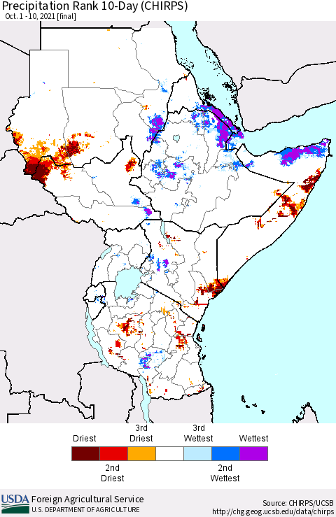 Eastern Africa Precipitation Rank 10-Day (CHIRPS) Thematic Map For 10/1/2021 - 10/10/2021