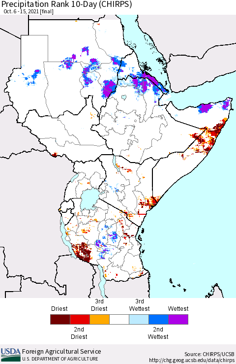 Eastern Africa Precipitation Rank 10-Day (CHIRPS) Thematic Map For 10/6/2021 - 10/15/2021
