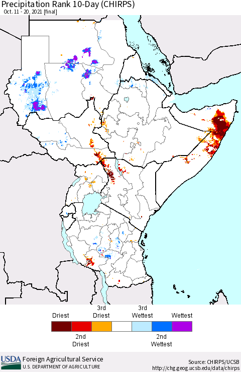 Eastern Africa Precipitation Rank 10-Day (CHIRPS) Thematic Map For 10/11/2021 - 10/20/2021