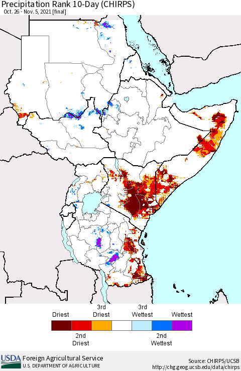Eastern Africa Precipitation Rank 10-Day (CHIRPS) Thematic Map For 10/26/2021 - 11/5/2021