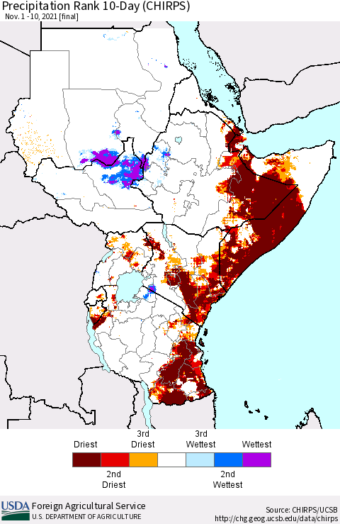 Eastern Africa Precipitation Rank since 1981, 10-Day (CHIRPS) Thematic Map For 11/1/2021 - 11/10/2021