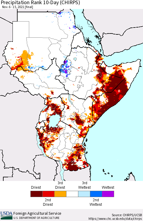 Eastern Africa Precipitation Rank 10-Day (CHIRPS) Thematic Map For 11/6/2021 - 11/15/2021