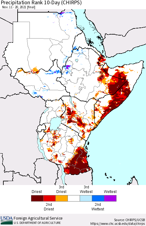 Eastern Africa Precipitation Rank 10-Day (CHIRPS) Thematic Map For 11/11/2021 - 11/20/2021