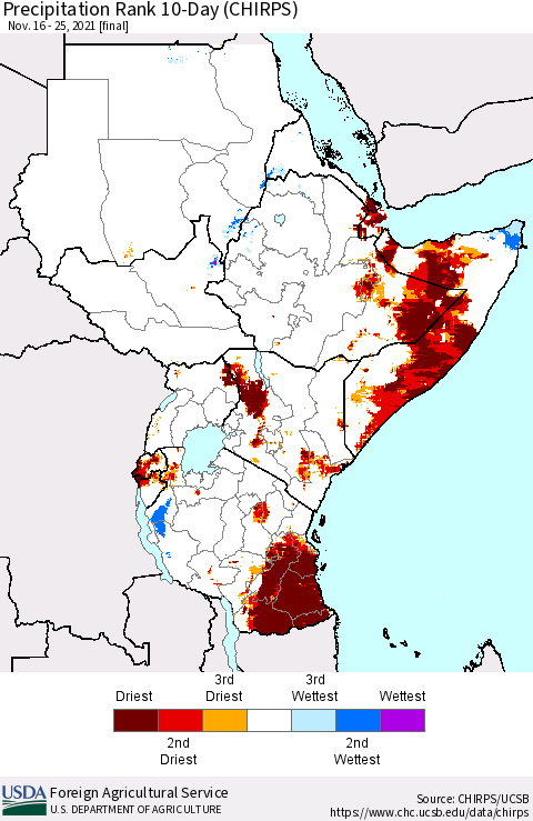 Eastern Africa Precipitation Rank 10-Day (CHIRPS) Thematic Map For 11/16/2021 - 11/25/2021