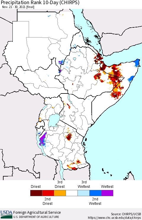 Eastern Africa Precipitation Rank 10-Day (CHIRPS) Thematic Map For 11/21/2021 - 11/30/2021