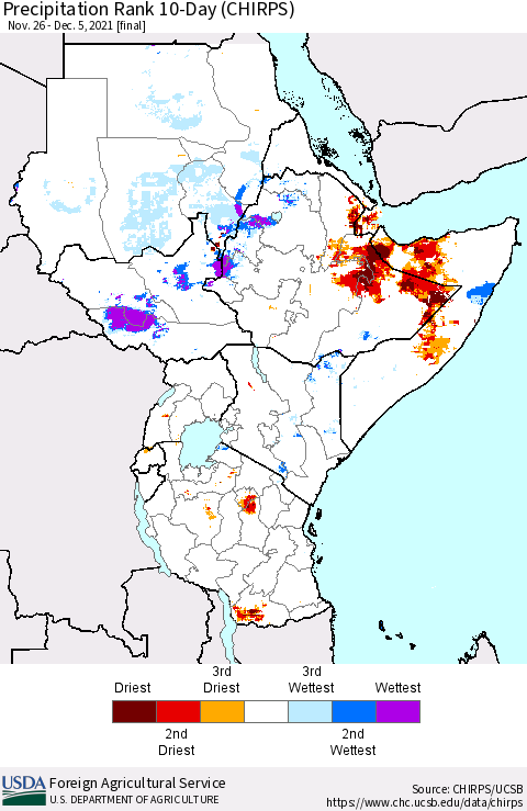 Eastern Africa Precipitation Rank since 1981, 10-Day (CHIRPS) Thematic Map For 11/26/2021 - 12/5/2021
