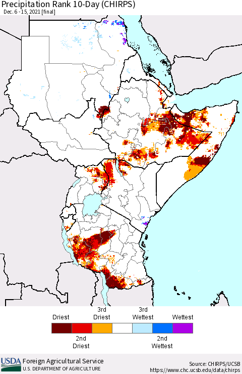 Eastern Africa Precipitation Rank 10-Day (CHIRPS) Thematic Map For 12/6/2021 - 12/15/2021