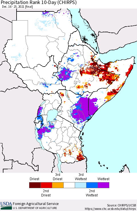 Eastern Africa Precipitation Rank since 1981, 10-Day (CHIRPS) Thematic Map For 12/16/2021 - 12/25/2021