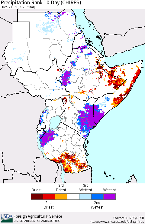 Eastern Africa Precipitation Rank 10-Day (CHIRPS) Thematic Map For 12/21/2021 - 12/31/2021