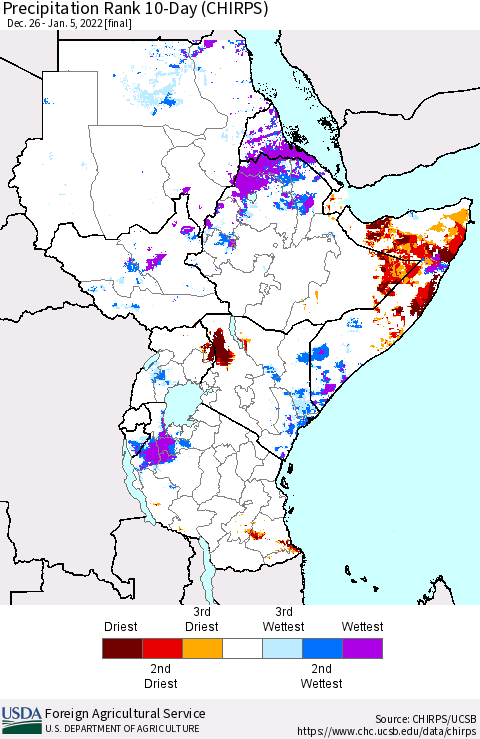Eastern Africa Precipitation Rank 10-Day (CHIRPS) Thematic Map For 12/26/2021 - 1/5/2022