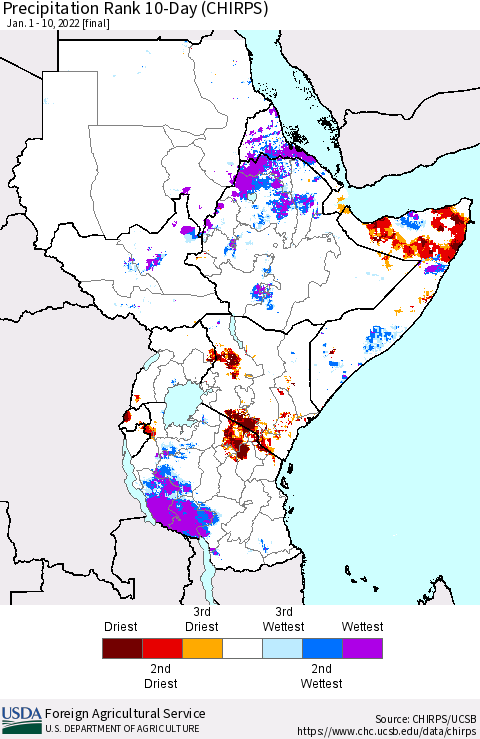 Eastern Africa Precipitation Rank since 1981, 10-Day (CHIRPS) Thematic Map For 1/1/2022 - 1/10/2022