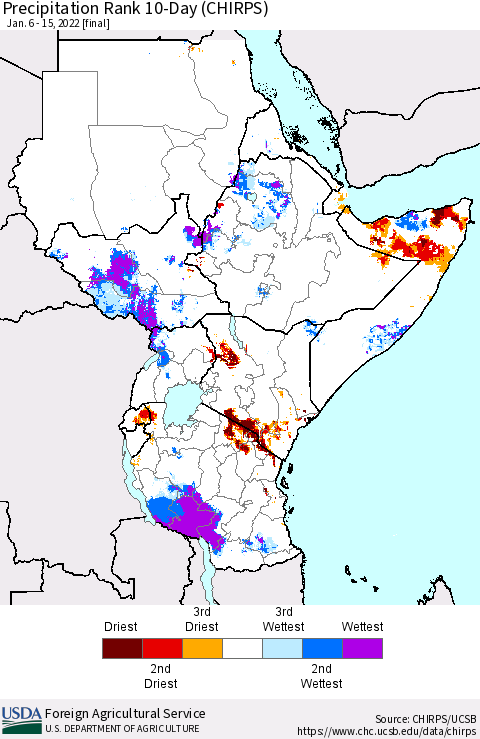 Eastern Africa Precipitation Rank 10-Day (CHIRPS) Thematic Map For 1/6/2022 - 1/15/2022