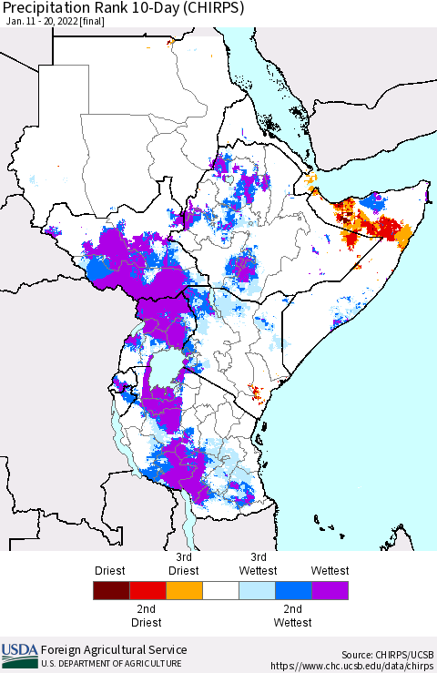 Eastern Africa Precipitation Rank 10-Day (CHIRPS) Thematic Map For 1/11/2022 - 1/20/2022