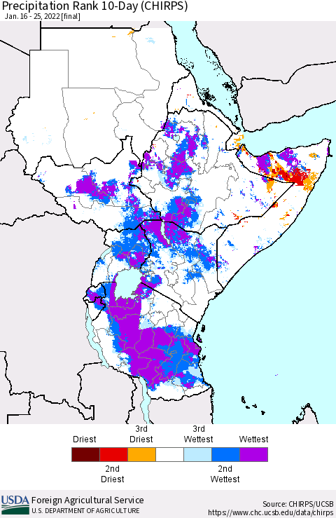 Eastern Africa Precipitation Rank 10-Day (CHIRPS) Thematic Map For 1/16/2022 - 1/25/2022