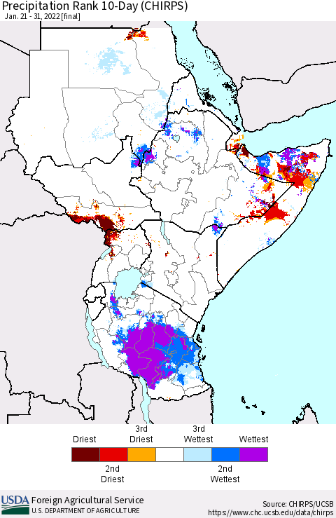 Eastern Africa Precipitation Rank 10-Day (CHIRPS) Thematic Map For 1/21/2022 - 1/31/2022