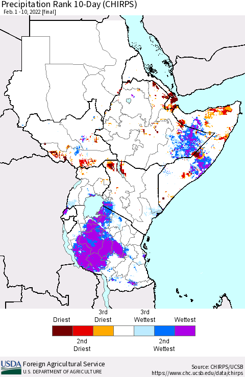 Eastern Africa Precipitation Rank 10-Day (CHIRPS) Thematic Map For 2/1/2022 - 2/10/2022