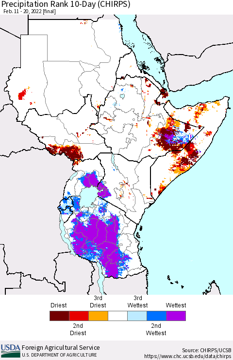 Eastern Africa Precipitation Rank 10-Day (CHIRPS) Thematic Map For 2/11/2022 - 2/20/2022