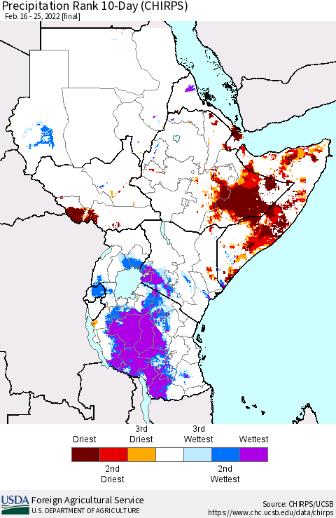 Eastern Africa Precipitation Rank 10-Day (CHIRPS) Thematic Map For 2/16/2022 - 2/25/2022
