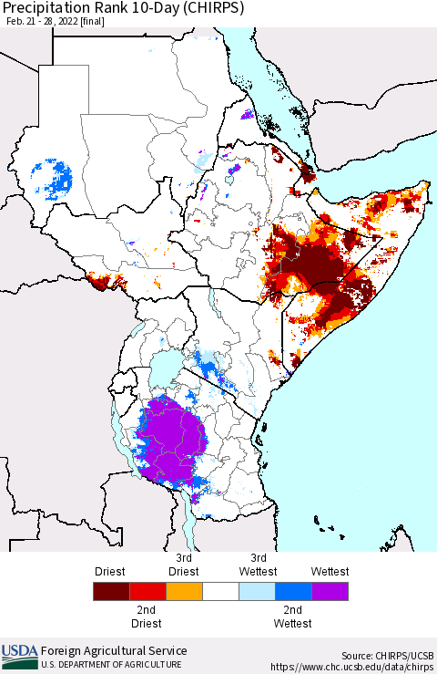 Eastern Africa Precipitation Rank 10-Day (CHIRPS) Thematic Map For 2/21/2022 - 2/28/2022