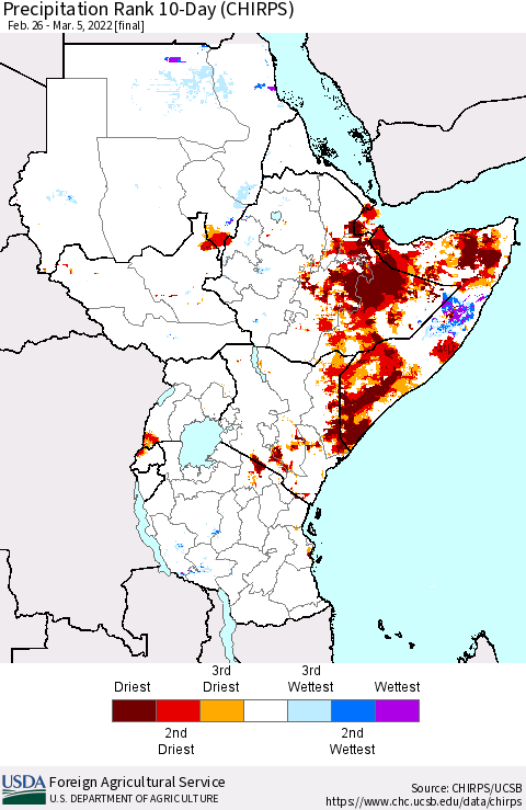 Eastern Africa Precipitation Rank since 1981, 10-Day (CHIRPS) Thematic Map For 2/26/2022 - 3/5/2022
