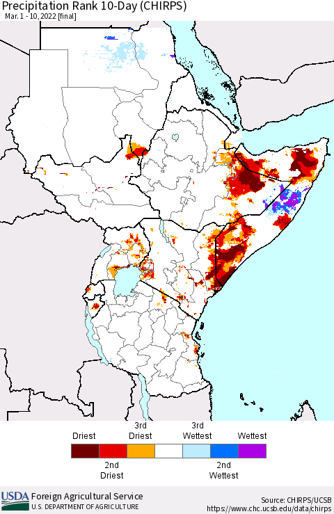 Eastern Africa Precipitation Rank 10-Day (CHIRPS) Thematic Map For 3/1/2022 - 3/10/2022