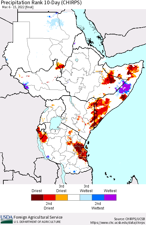 Eastern Africa Precipitation Rank since 1981, 10-Day (CHIRPS) Thematic Map For 3/6/2022 - 3/15/2022