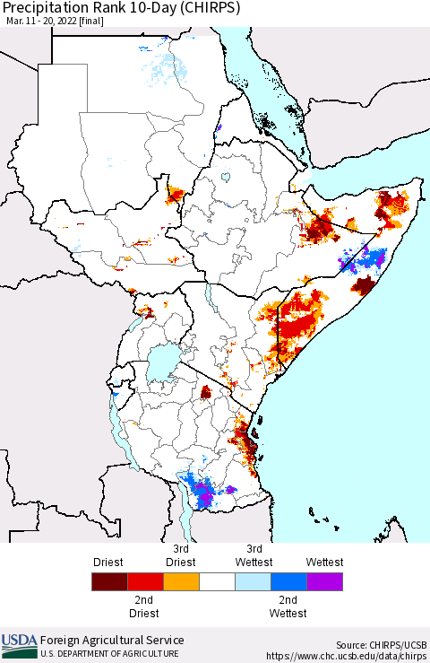 Eastern Africa Precipitation Rank 10-Day (CHIRPS) Thematic Map For 3/11/2022 - 3/20/2022