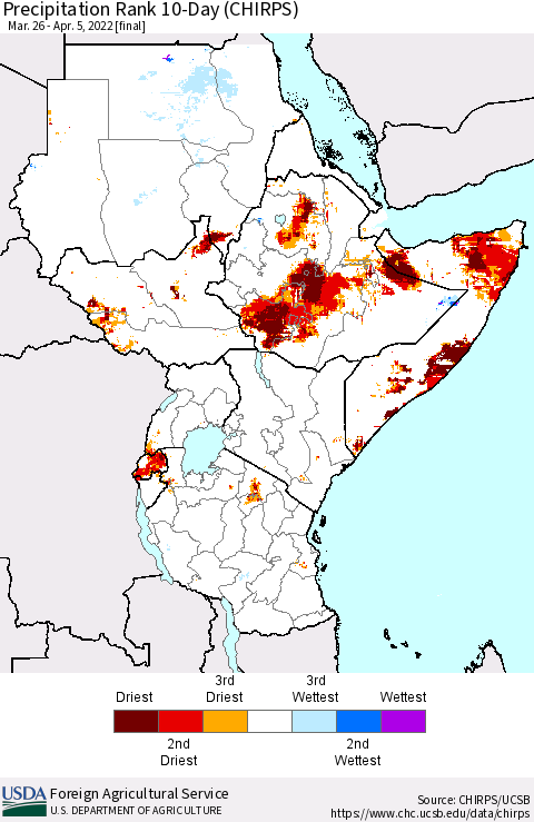 Eastern Africa Precipitation Rank 10-Day (CHIRPS) Thematic Map For 3/26/2022 - 4/5/2022