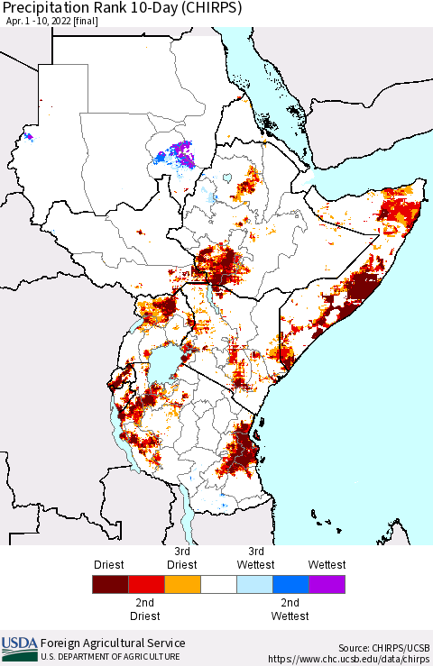 Eastern Africa Precipitation Rank 10-Day (CHIRPS) Thematic Map For 4/1/2022 - 4/10/2022