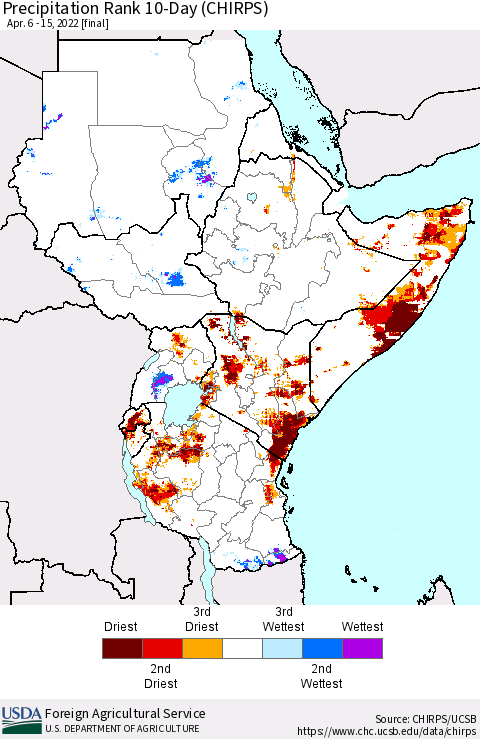Eastern Africa Precipitation Rank 10-Day (CHIRPS) Thematic Map For 4/6/2022 - 4/15/2022