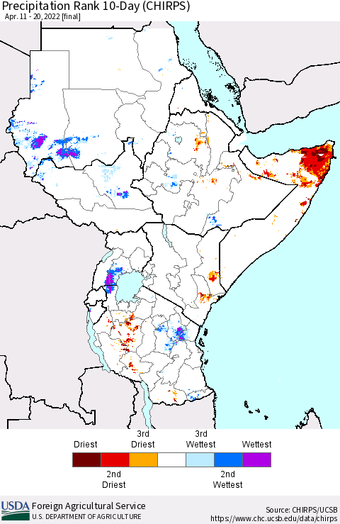Eastern Africa Precipitation Rank 10-Day (CHIRPS) Thematic Map For 4/11/2022 - 4/20/2022