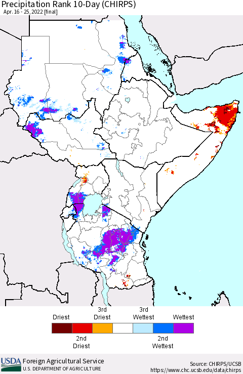 Eastern Africa Precipitation Rank 10-Day (CHIRPS) Thematic Map For 4/16/2022 - 4/25/2022