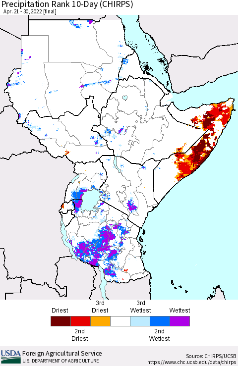Eastern Africa Precipitation Rank 10-Day (CHIRPS) Thematic Map For 4/21/2022 - 4/30/2022