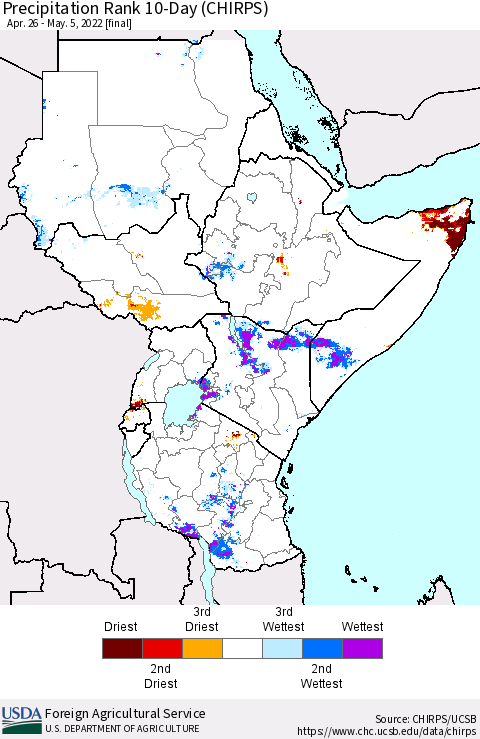 Eastern Africa Precipitation Rank since 1981, 10-Day (CHIRPS) Thematic Map For 4/26/2022 - 5/5/2022