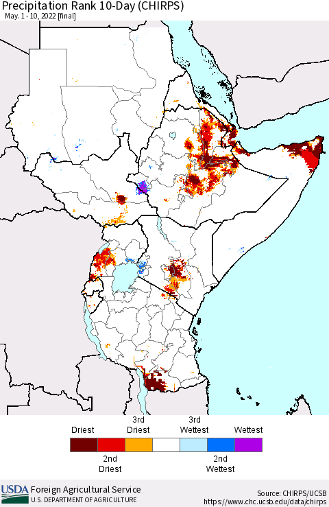 Eastern Africa Precipitation Rank 10-Day (CHIRPS) Thematic Map For 5/1/2022 - 5/10/2022