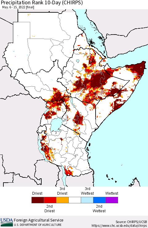 Eastern Africa Precipitation Rank 10-Day (CHIRPS) Thematic Map For 5/6/2022 - 5/15/2022