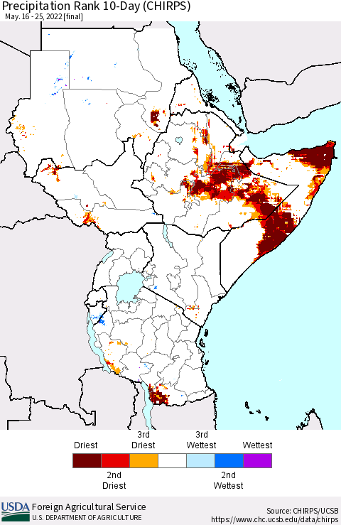 Eastern Africa Precipitation Rank 10-Day (CHIRPS) Thematic Map For 5/16/2022 - 5/25/2022