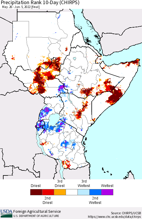 Eastern Africa Precipitation Rank 10-Day (CHIRPS) Thematic Map For 5/26/2022 - 6/5/2022