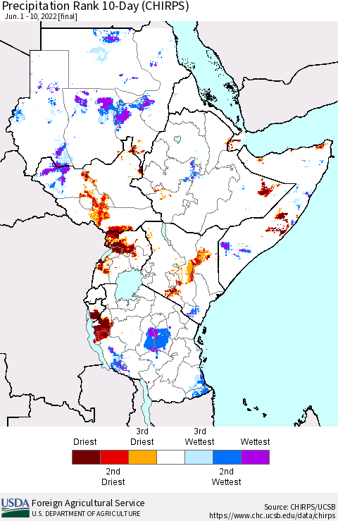 Eastern Africa Precipitation Rank since 1981, 10-Day (CHIRPS) Thematic Map For 6/1/2022 - 6/10/2022