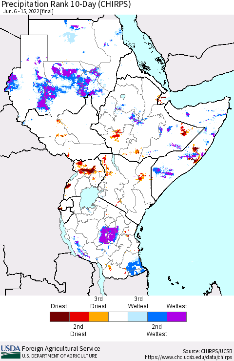 Eastern Africa Precipitation Rank 10-Day (CHIRPS) Thematic Map For 6/6/2022 - 6/15/2022