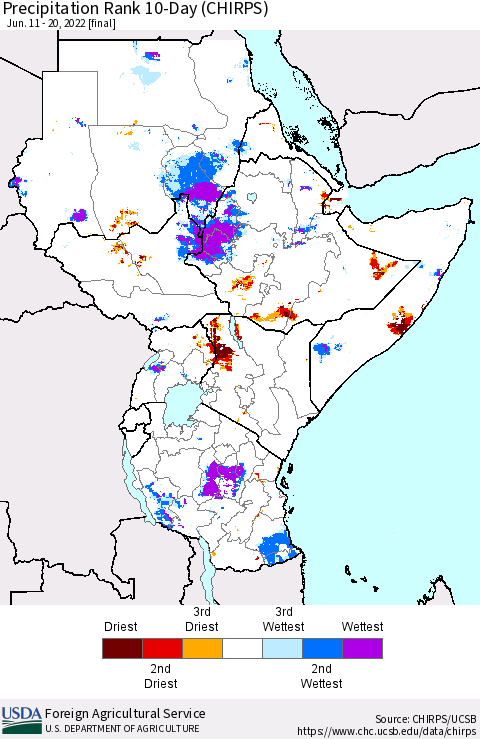 Eastern Africa Precipitation Rank 10-Day (CHIRPS) Thematic Map For 6/11/2022 - 6/20/2022