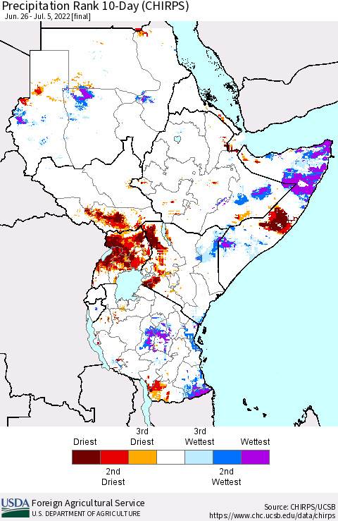 Eastern Africa Precipitation Rank since 1981, 10-Day (CHIRPS) Thematic Map For 6/26/2022 - 7/5/2022