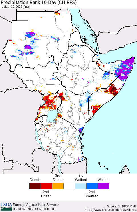Eastern Africa Precipitation Rank since 1981, 10-Day (CHIRPS) Thematic Map For 7/1/2022 - 7/10/2022