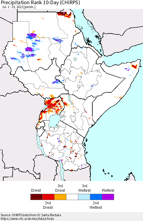 Eastern Africa Precipitation Rank 10-Day (CHIRPS) Thematic Map For 7/1/2022 - 7/10/2022